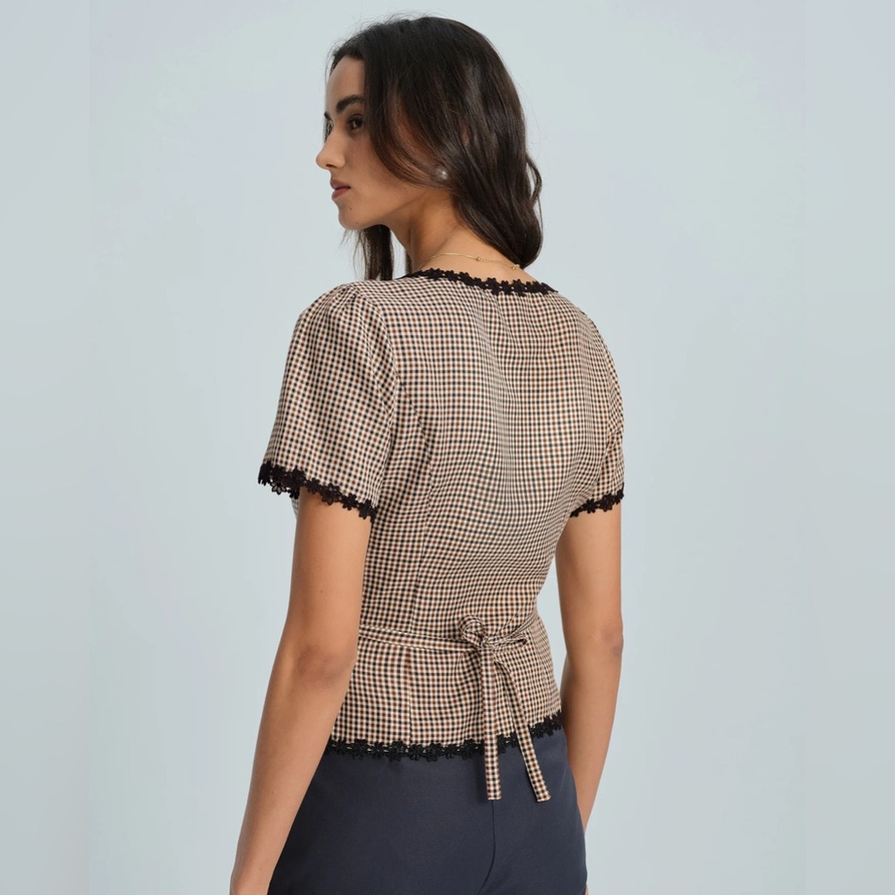 Coffee Square Neck Plaid Blouse - Picture 3 of 9